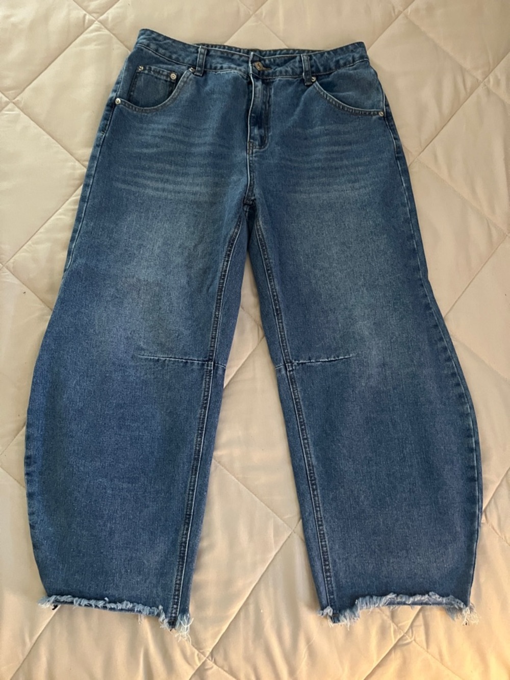 Barrel Leg Raw Hem Blue Jeans